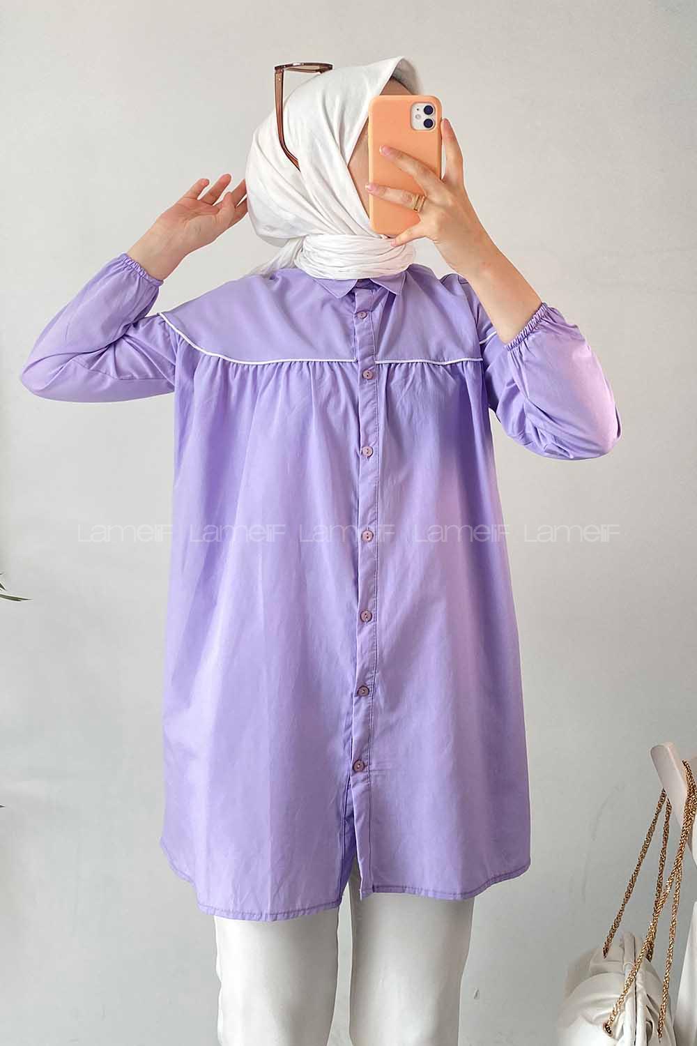 Modalamelif Önü Boydan Düğmeli Şerit Geçişli  Tunik Gömlek Lila