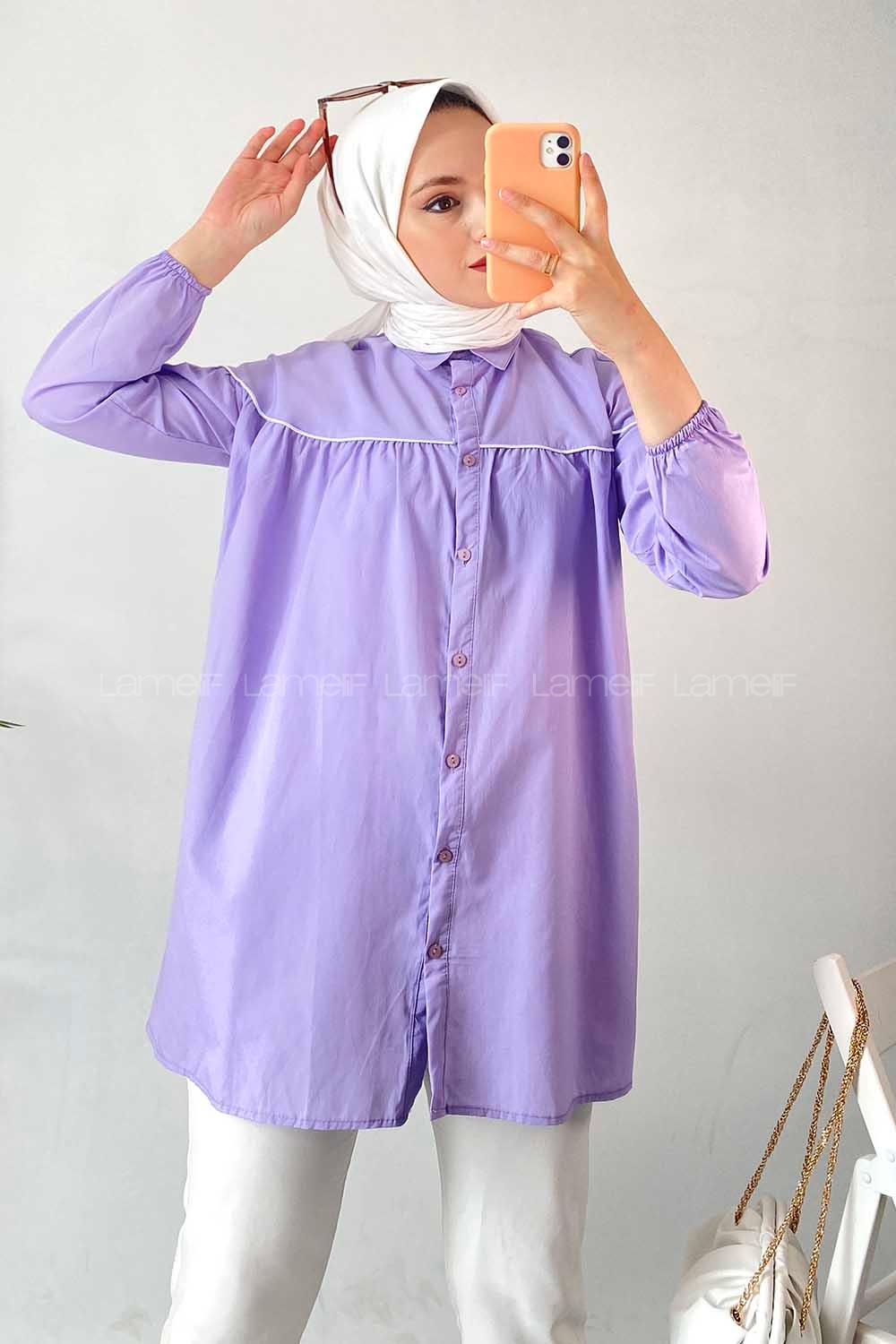 Modalamelif Önü Boydan Düğmeli Şerit Geçişli  Tunik Gömlek Lila