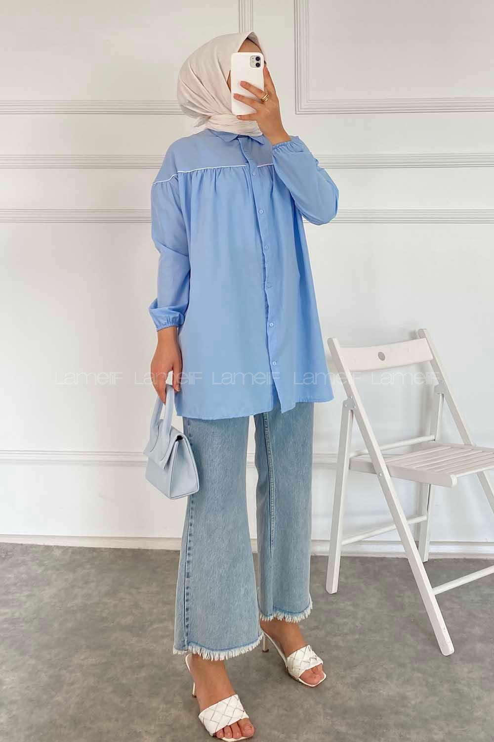 Modalamelif Önü Boydan Düğmeli Şerit Geçişli  Tunik Gömlek Mavi