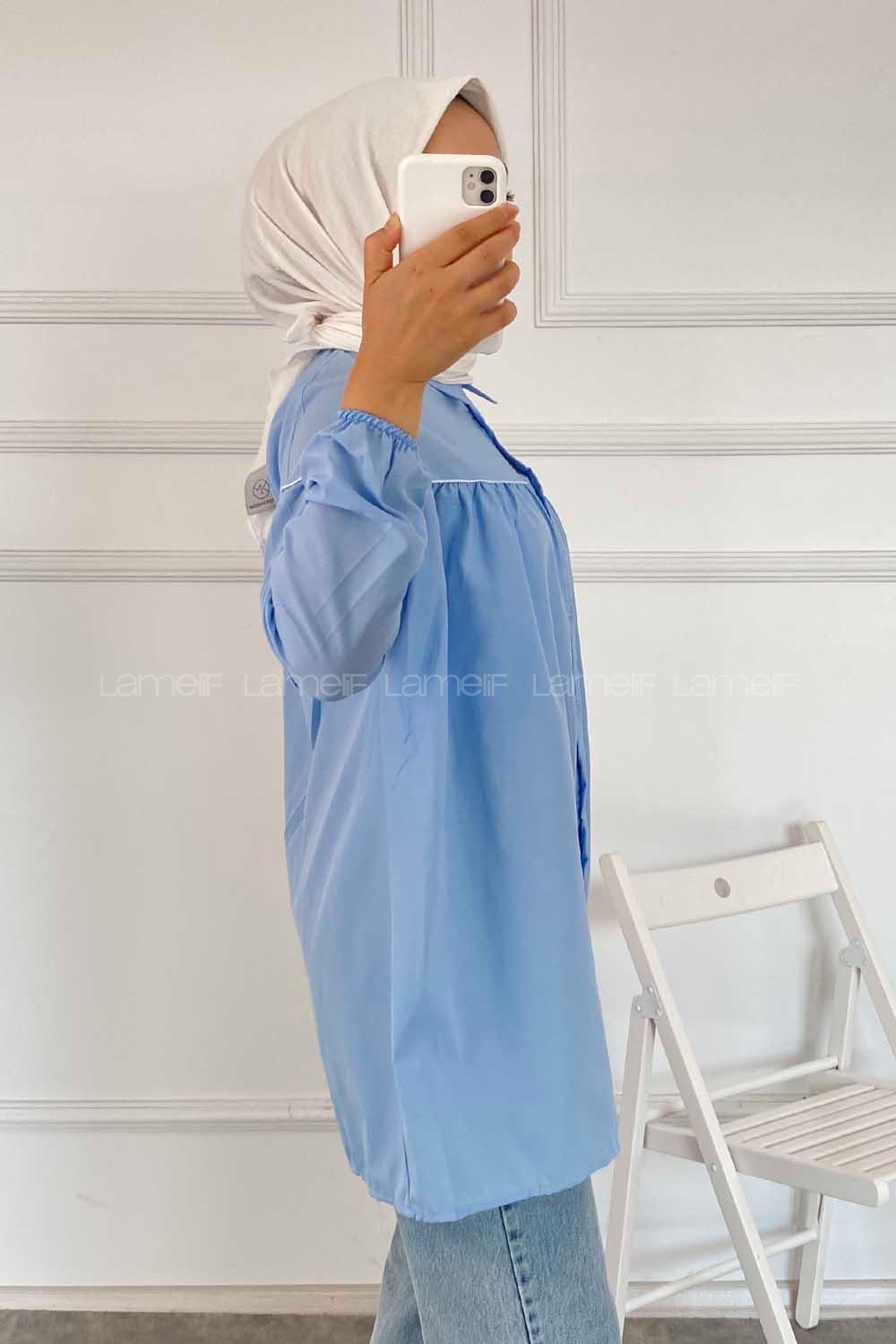 Modalamelif Önü Boydan Düğmeli Şerit Geçişli  Tunik Gömlek Mavi