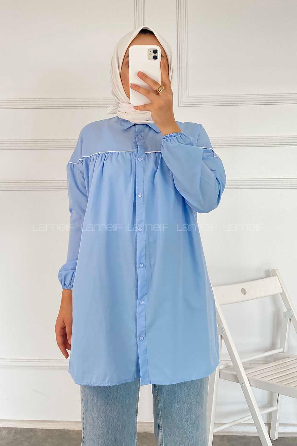 Modalamelif Önü Boydan Düğmeli Şerit Geçişli  Tunik Gömlek Mavi