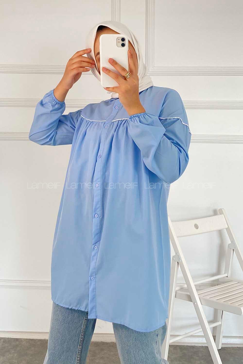Modalamelif Önü Boydan Düğmeli Şerit Geçişli  Tunik Gömlek Mavi