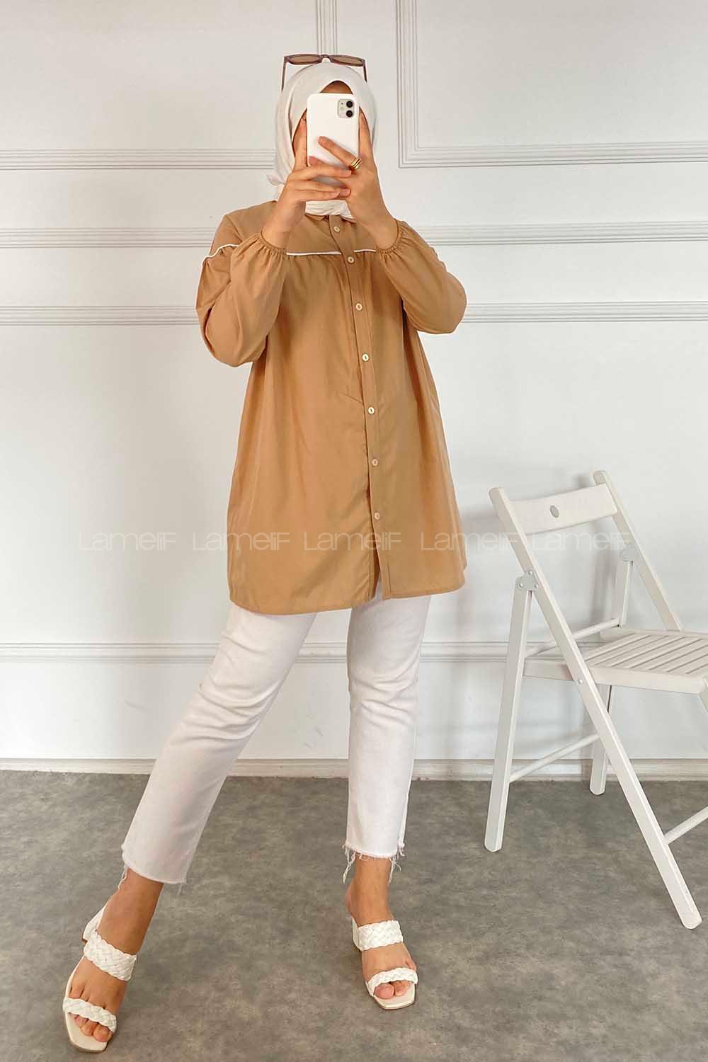 Modalamelif Önü Boydan Düğmeli Şerit Geçişli  Tunik Gömlek Sütlü