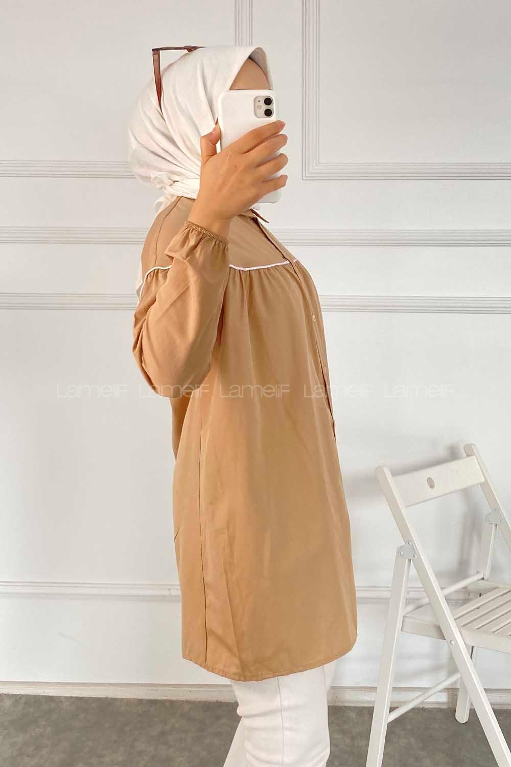 Modalamelif Önü Boydan Düğmeli Şerit Geçişli  Tunik Gömlek Sütlü