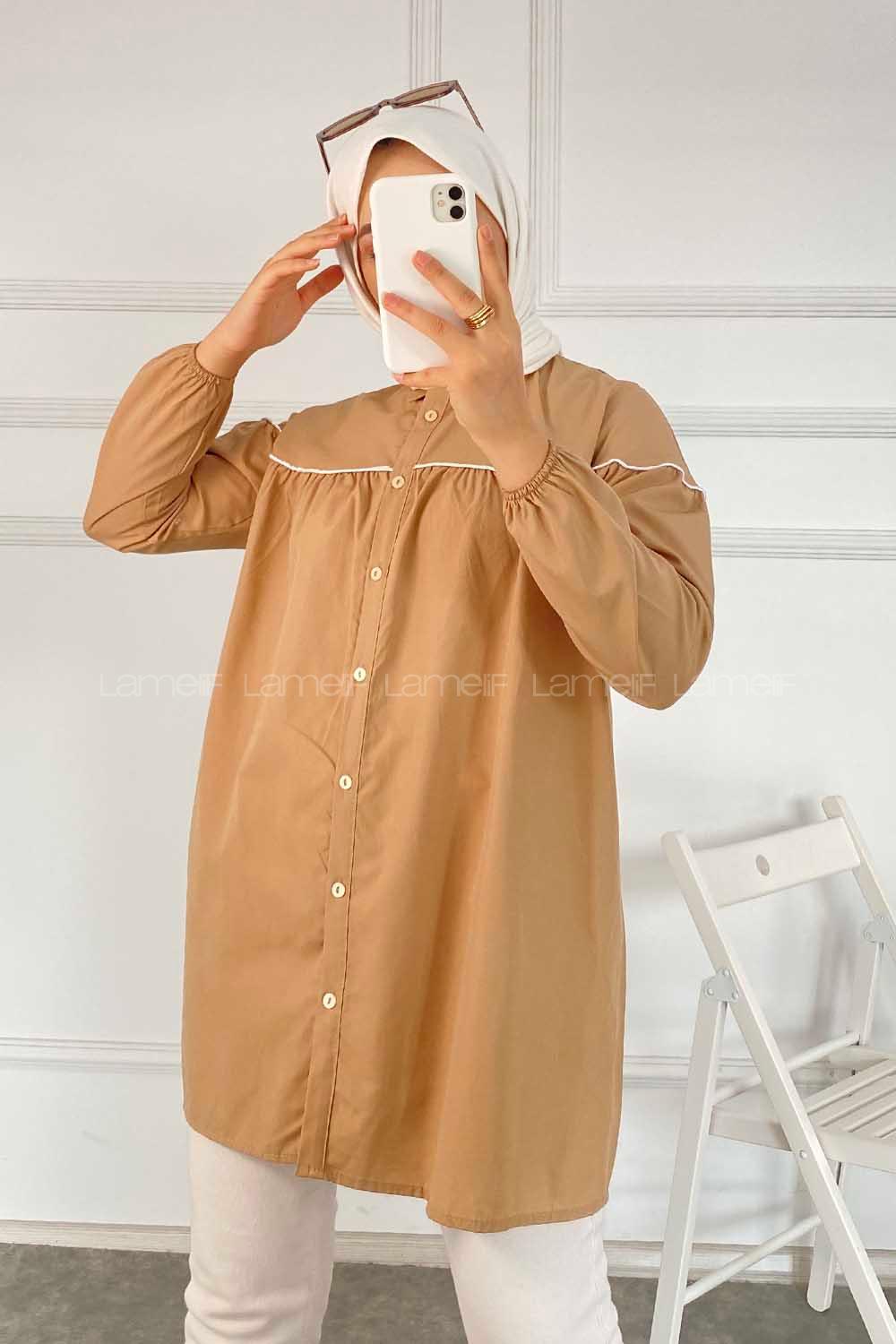 Modalamelif Önü Boydan Düğmeli Şerit Geçişli  Tunik Gömlek Sütlü