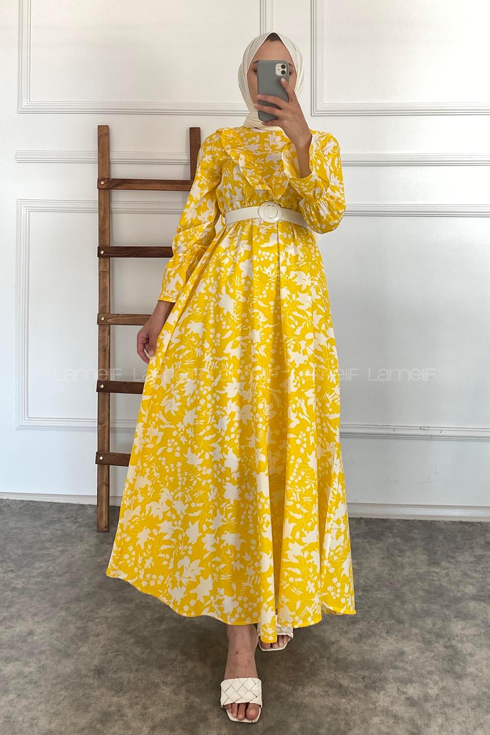 Modalamelif Önü Fırfır Detaylı Beli Kemer Bağlamalı Desenli Elbise Sarı