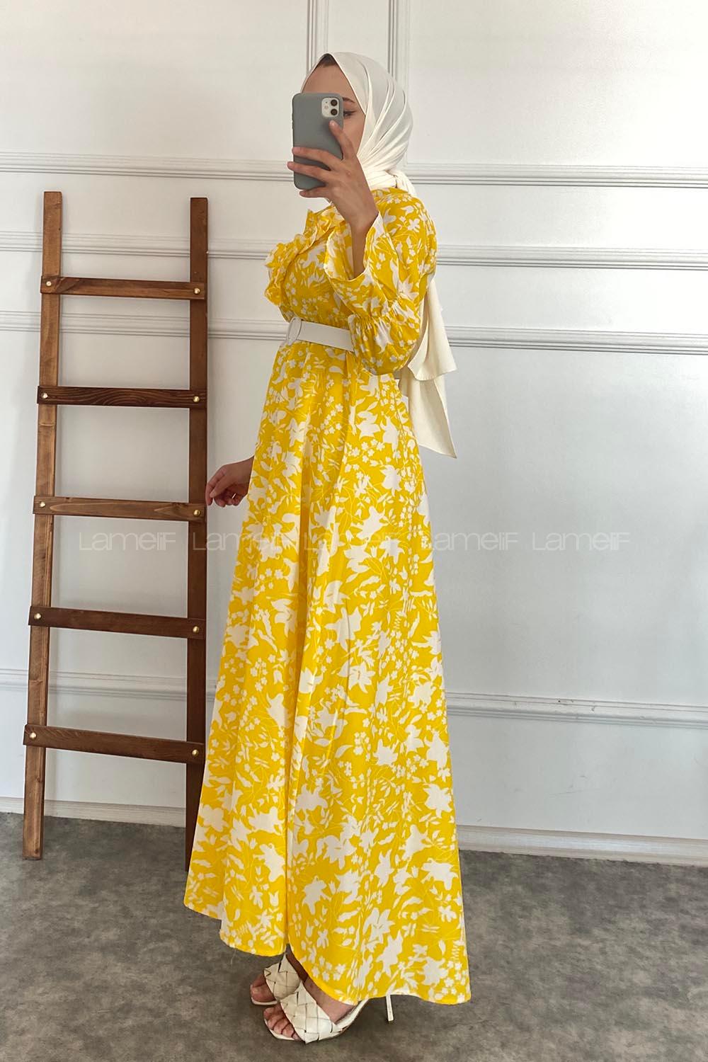 Modalamelif Önü Fırfır Detaylı Beli Kemer Bağlamalı Desenli Elbise Sarı