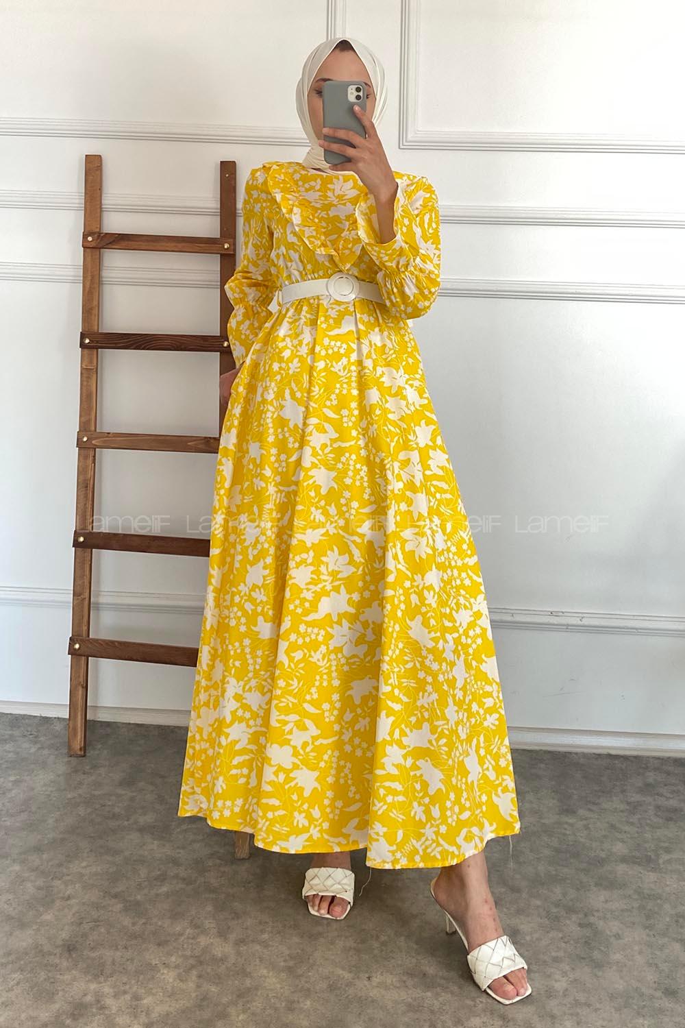 Modalamelif Önü Fırfır Detaylı Beli Kemer Bağlamalı Desenli Elbise Sarı