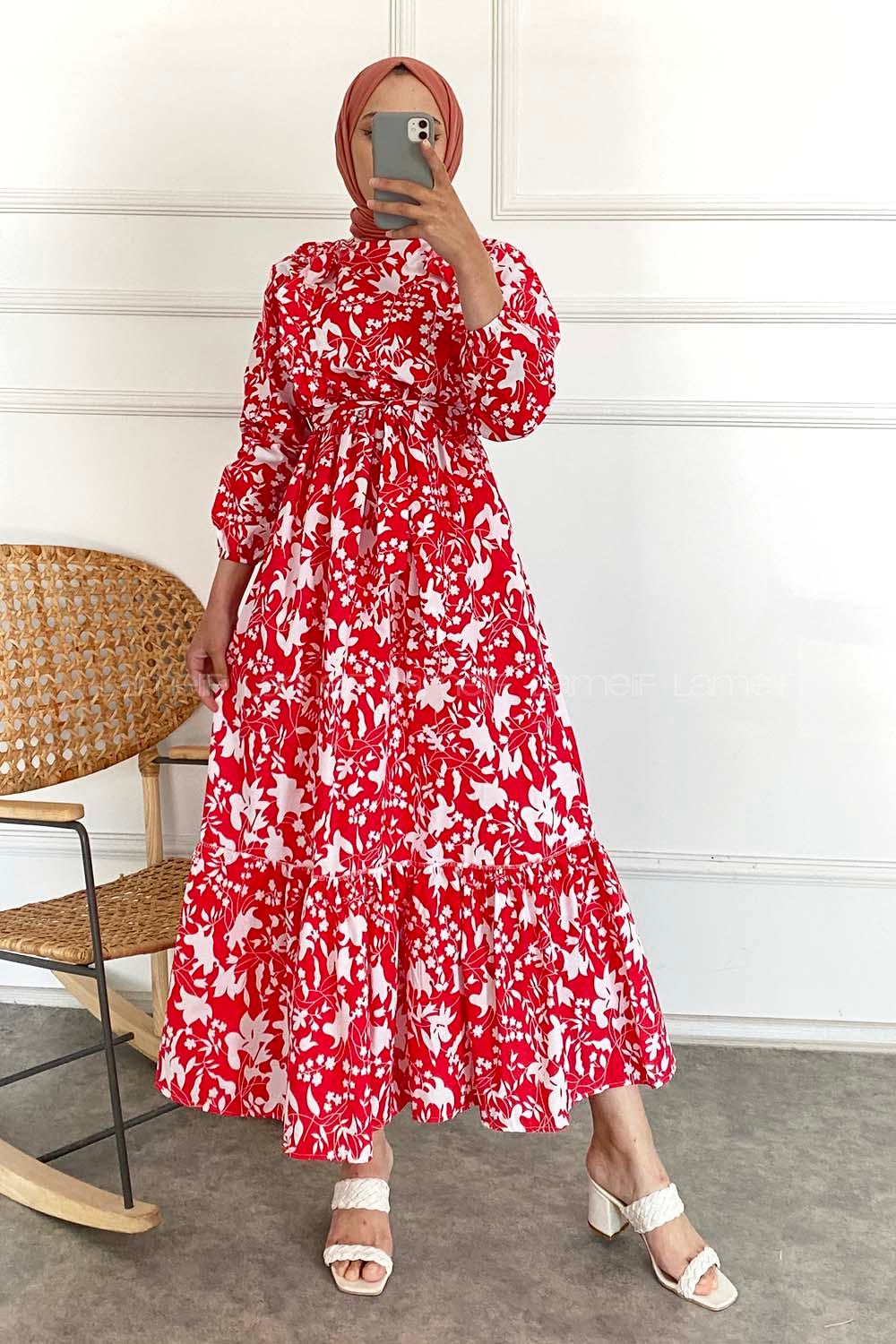 Modalamelif Önü FırFır Detaylı Beli Lastikli Kuşaklı Elbise Kırmızı