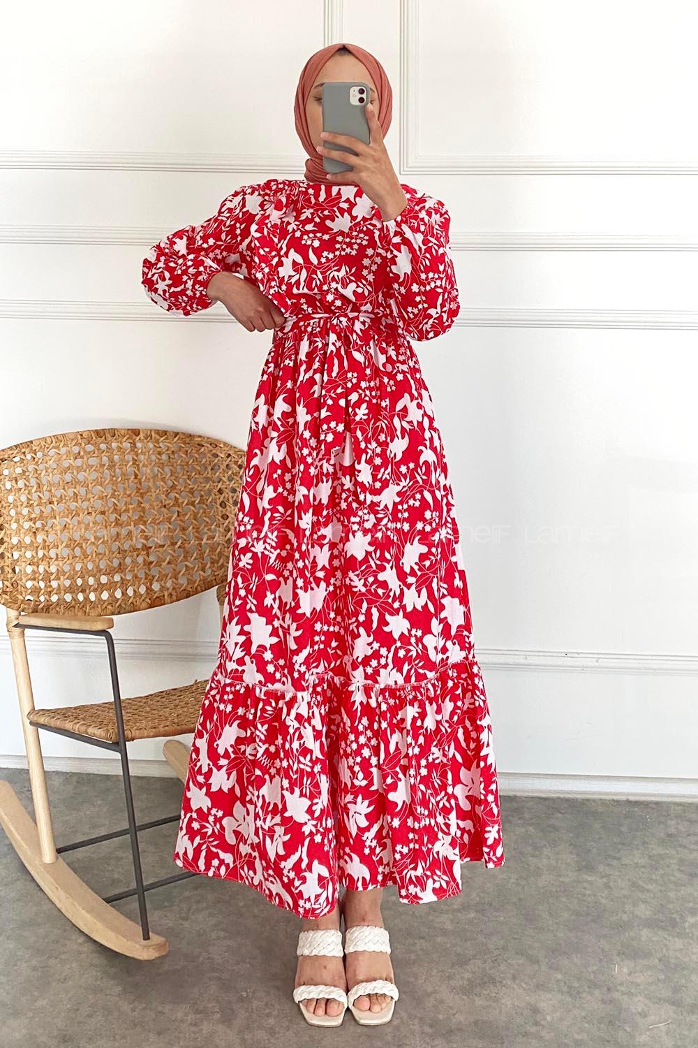 Modalamelif Önü FırFır Detaylı Beli Lastikli Kuşaklı Elbise Kırmızı