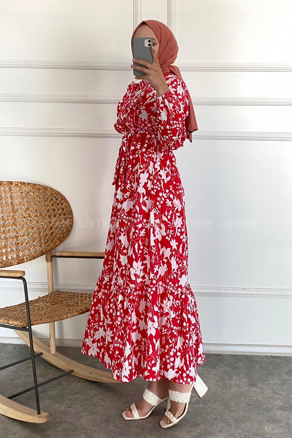 Modalamelif Önü FırFır Detaylı Beli Lastikli Kuşaklı Elbise Kırmızı