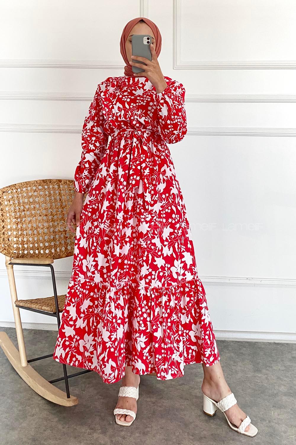 Modalamelif Önü FırFır Detaylı Beli Lastikli Kuşaklı Elbise Kırmızı