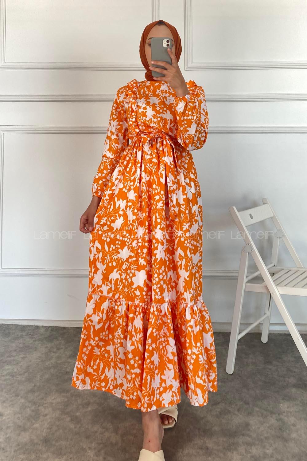 Modalamelif Önü FırFır Detaylı Beli Lastikli Kuşaklı Elbise Oranj