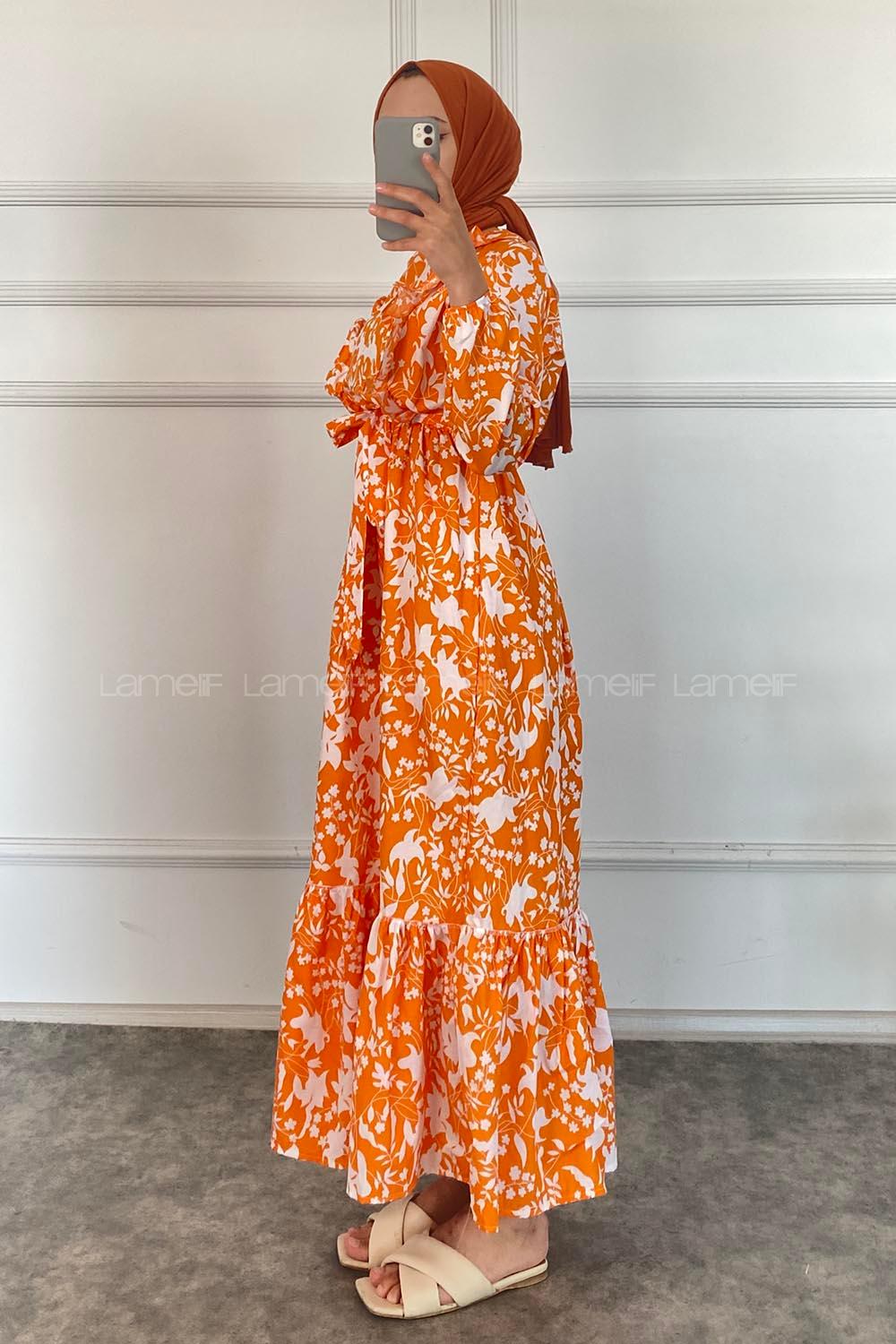 Modalamelif Önü FırFır Detaylı Beli Lastikli Kuşaklı Elbise Oranj