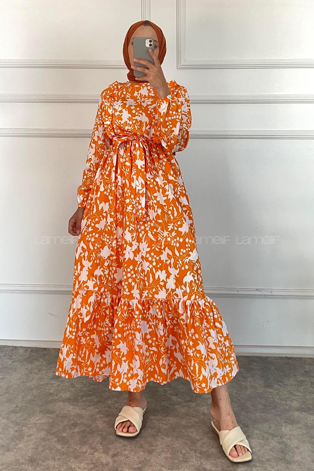 Modalamelif Önü FırFır Detaylı Beli Lastikli Kuşaklı Elbise Oranj
