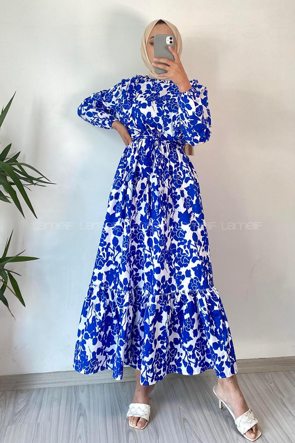 Modalamelif Önü FırFır Detaylı Beli Lastikli Kuşaklı Soyut Model Elbise İndigo