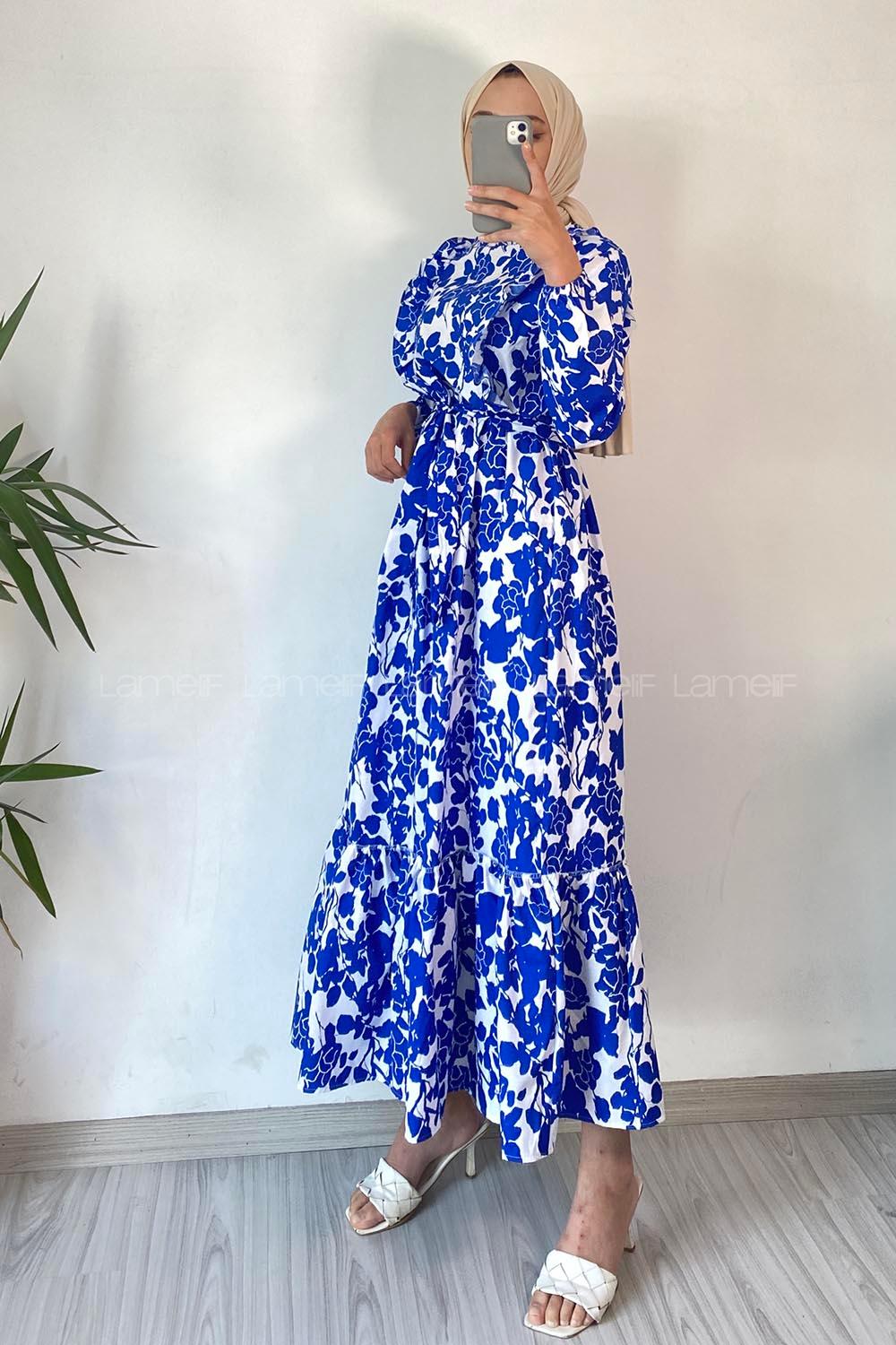 Modalamelif Önü FırFır Detaylı Beli Lastikli Kuşaklı Soyut Model Elbise İndigo