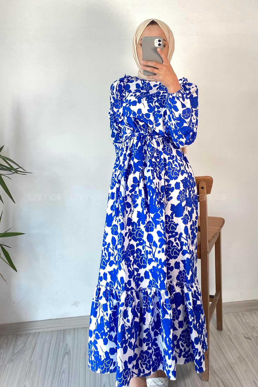 Modalamelif Önü FırFır Detaylı Beli Lastikli Kuşaklı Soyut Model Elbise İndigo