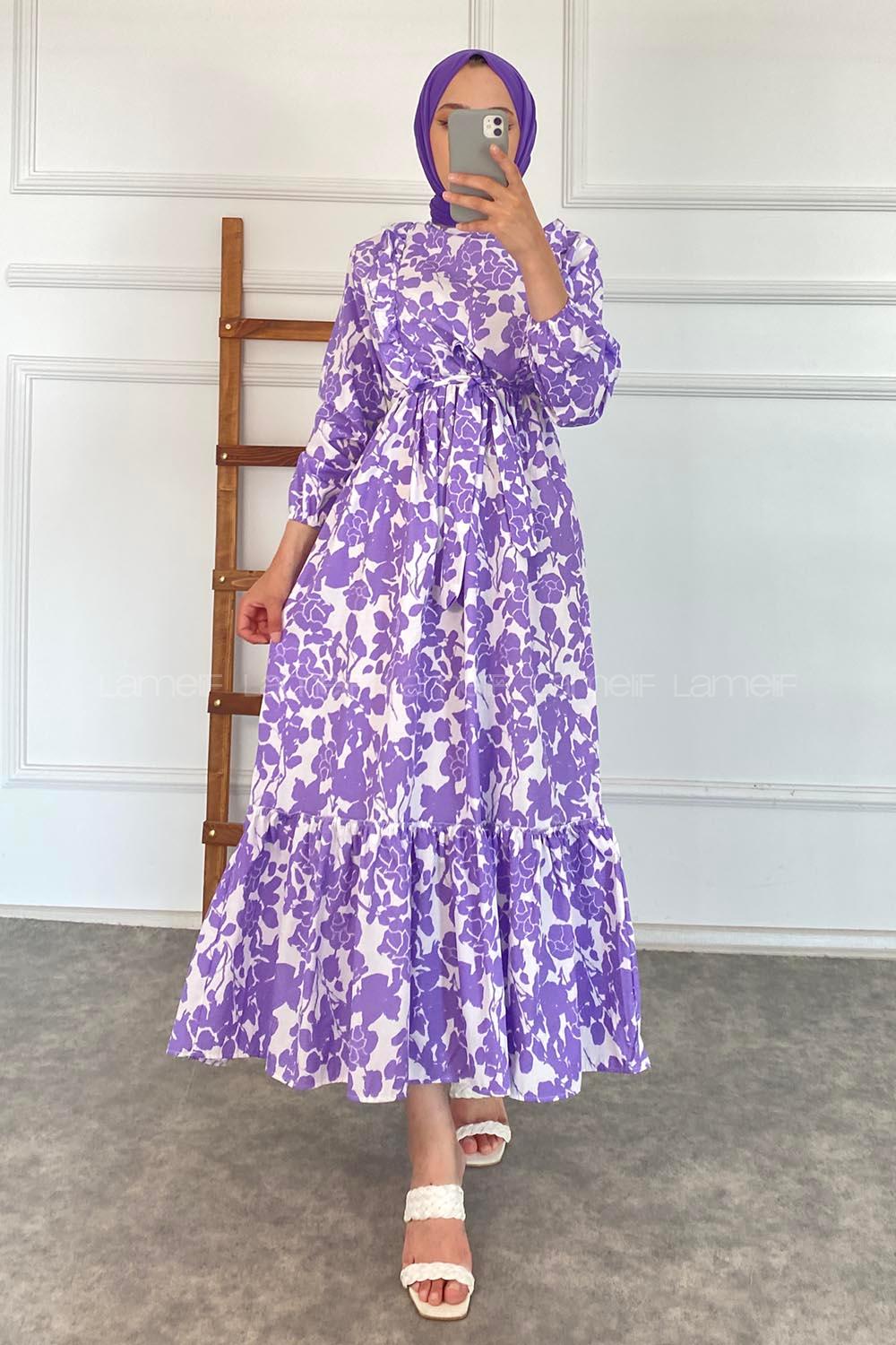 Modalamelif Önü FırFır Detaylı Beli Lastikli Kuşaklı Soyut Model Elbise Lila