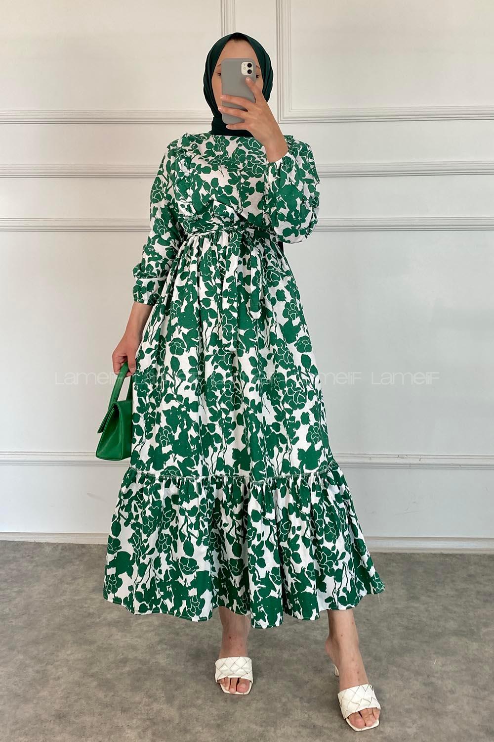 Modalamelif Önü FırFır Detaylı Beli Lastikli Kuşaklı Soyut Model Elbise Yeşil