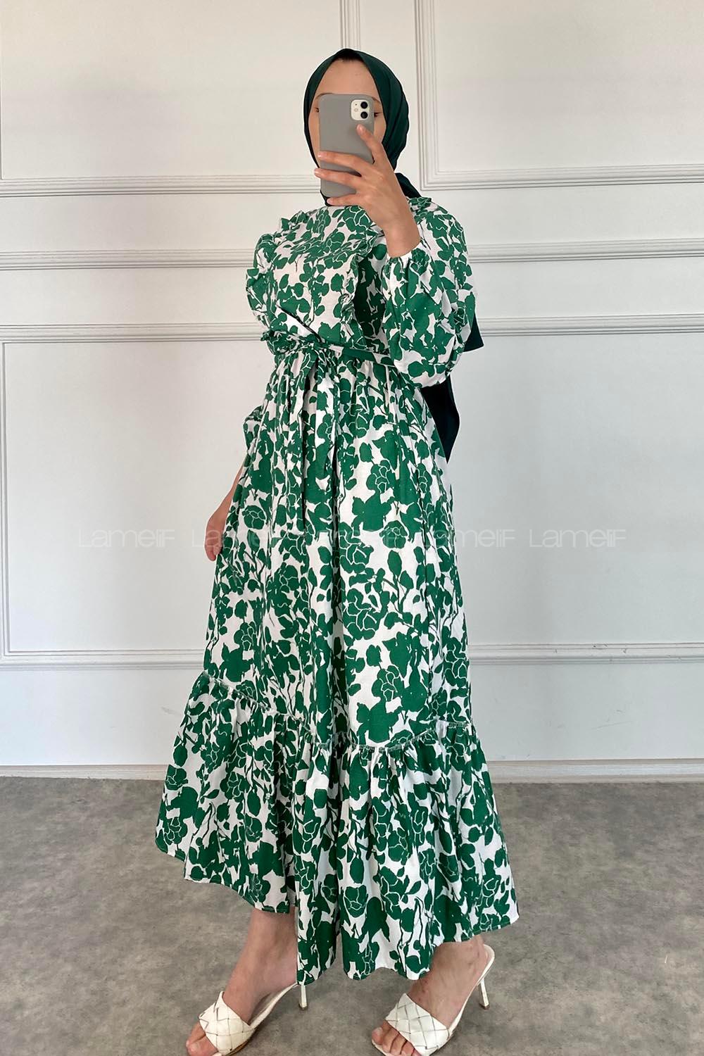 Modalamelif Önü FırFır Detaylı Beli Lastikli Kuşaklı Soyut Model Elbise Yeşil