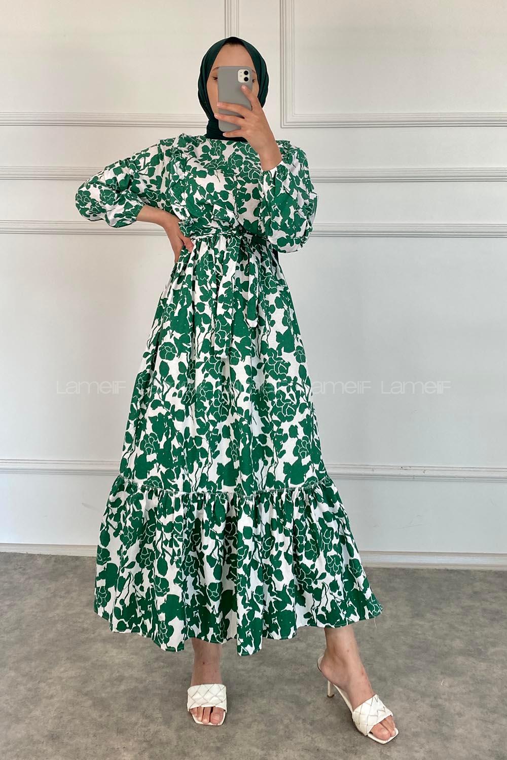 Modalamelif Önü FırFır Detaylı Beli Lastikli Kuşaklı Soyut Model Elbise Yeşil