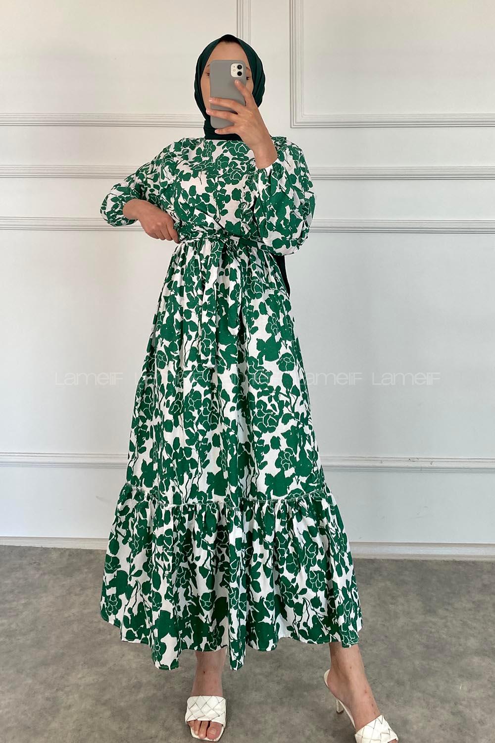 Modalamelif Önü FırFır Detaylı Beli Lastikli Kuşaklı Soyut Model Elbise Yeşil