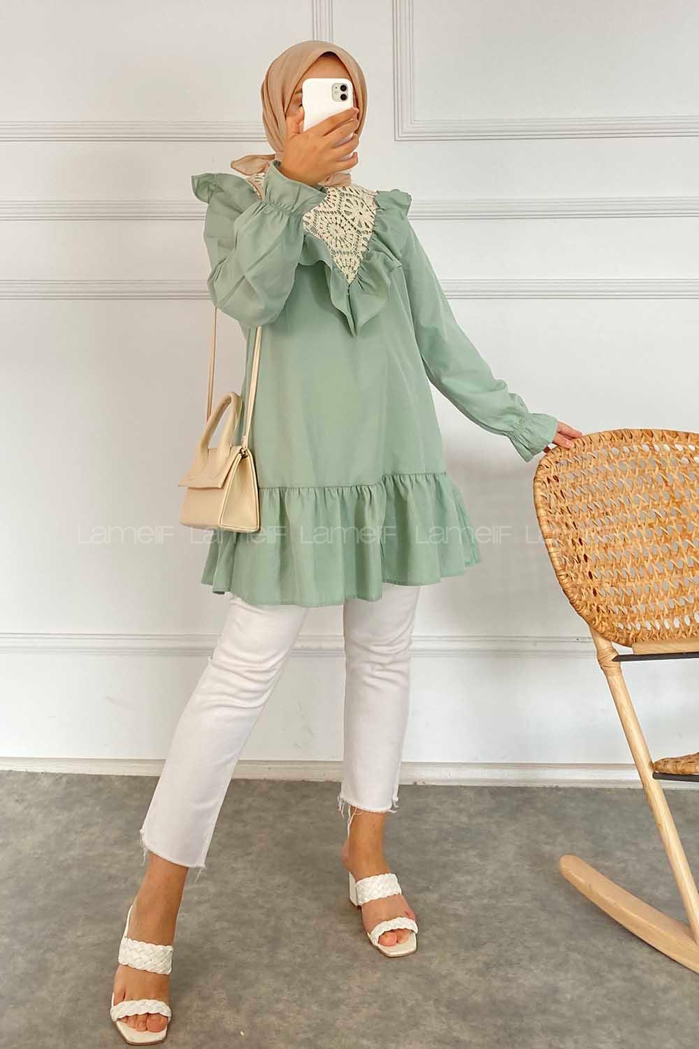Modalamelif Önü Fırfır Detaylı Dantel Modelli Tunik Çağla Yeşili