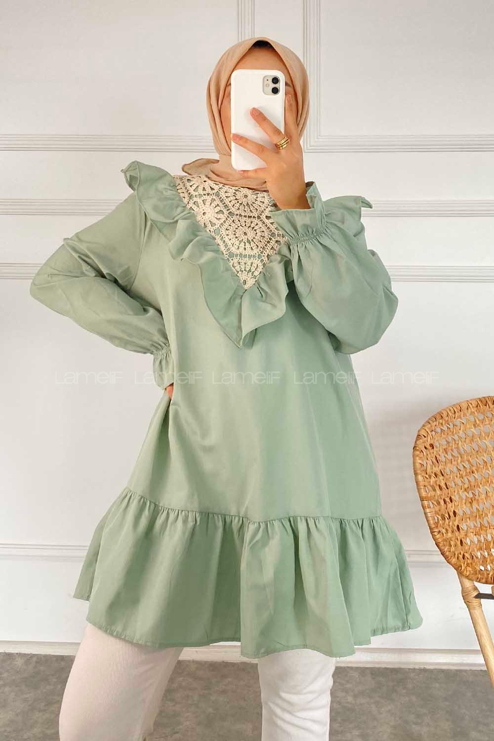 Modalamelif Önü Fırfır Detaylı Dantel Modelli Tunik Çağla Yeşili