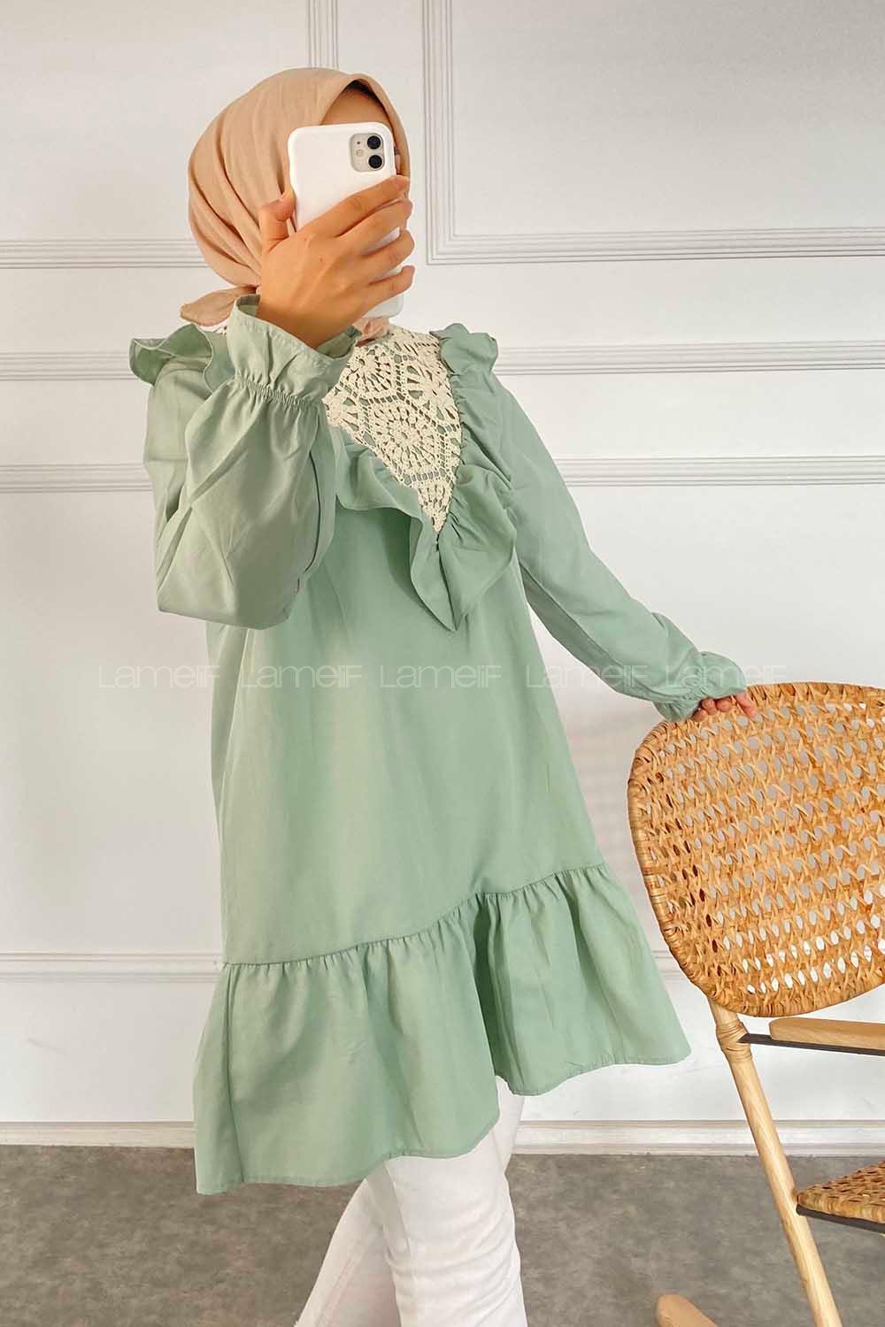 Modalamelif Önü Fırfır Detaylı Dantel Modelli Tunik Çağla Yeşili