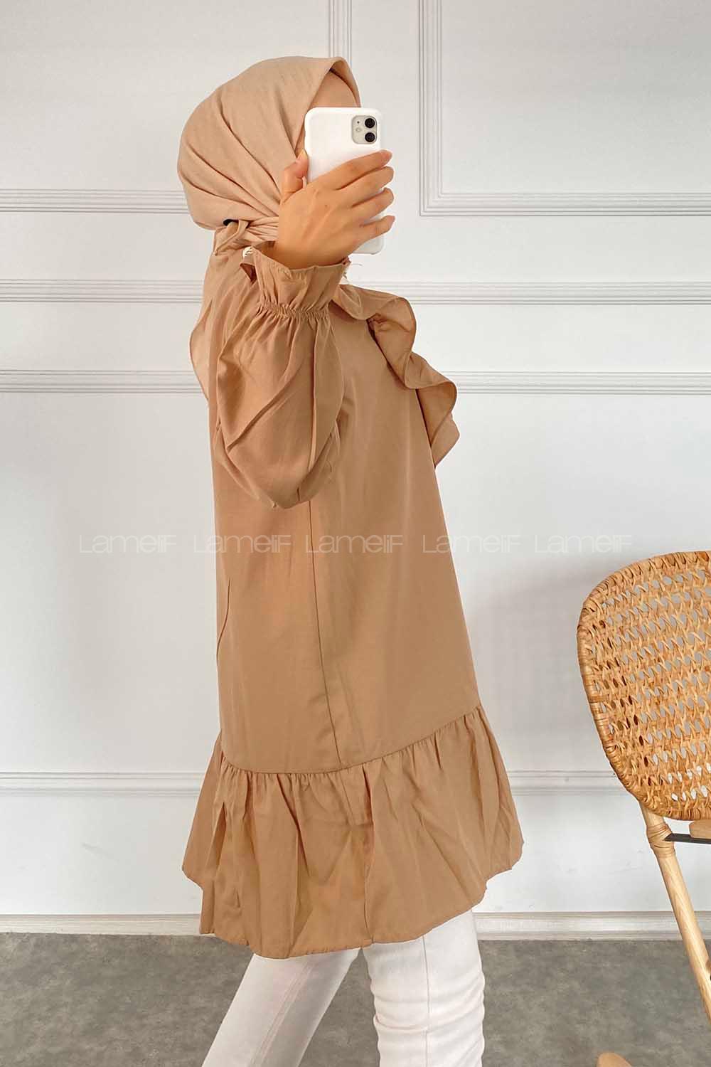 Modalamelif Önü Fırfır Detaylı Dantel Modelli Tunik Camel