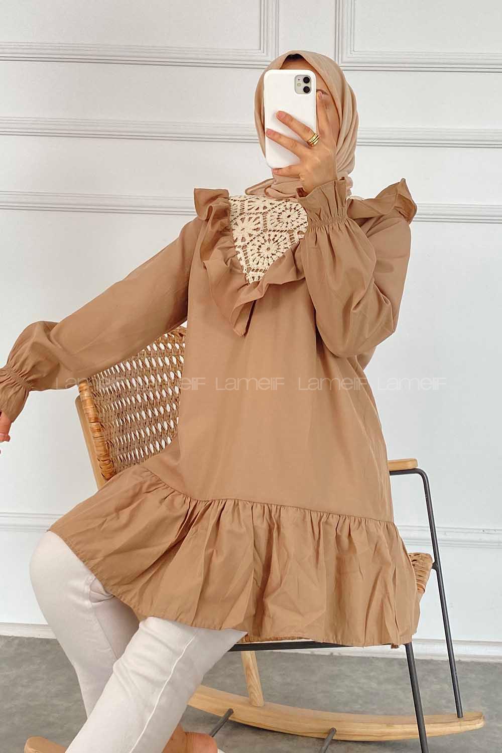 Modalamelif Önü Fırfır Detaylı Dantel Modelli Tunik Camel