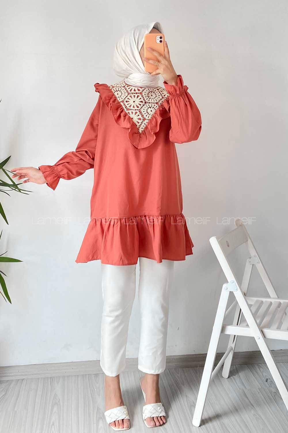 Modalamelif Önü Fırfır Detaylı Dantel Modelli Tunik Gül