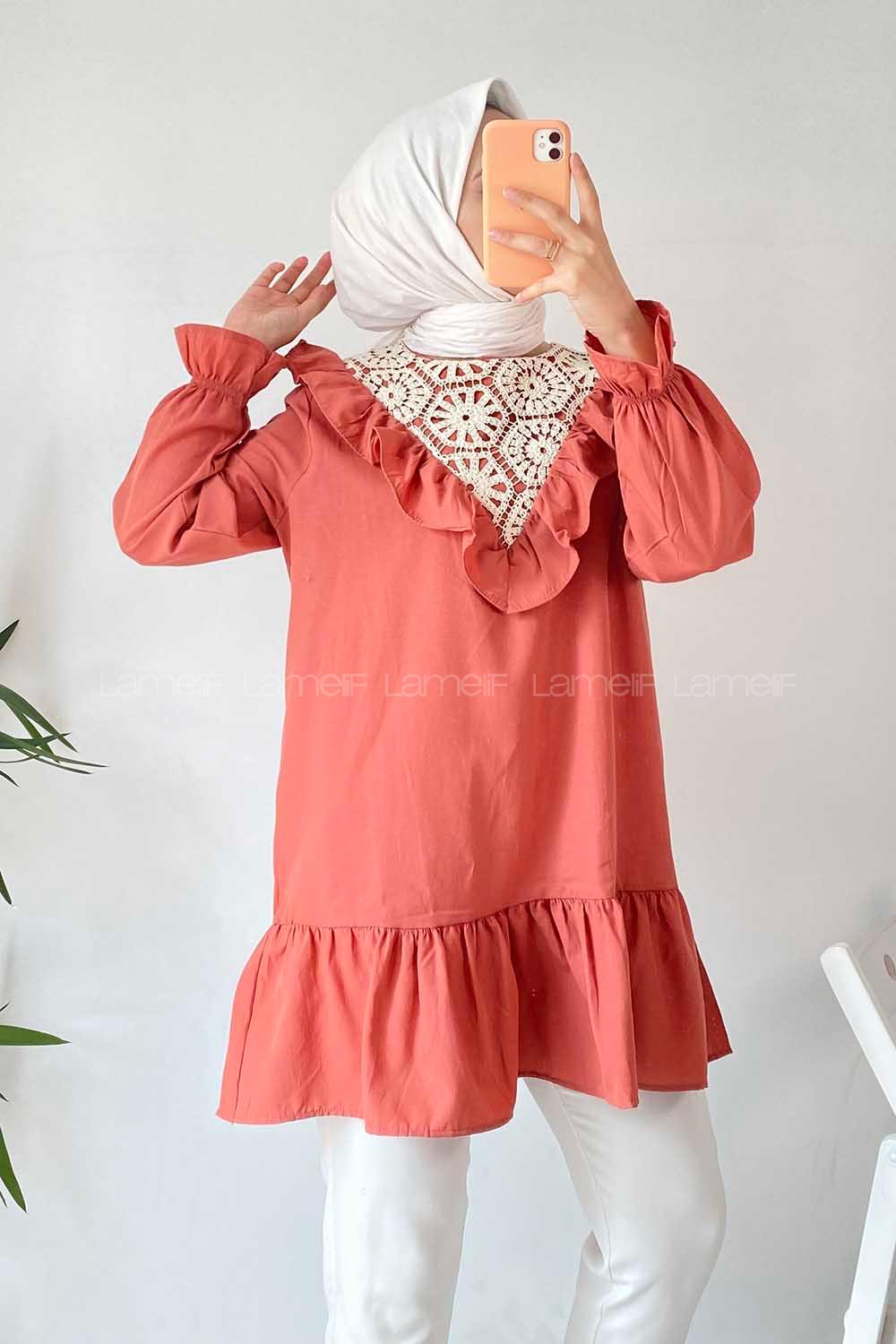 Modalamelif Önü Fırfır Detaylı Dantel Modelli Tunik Gül