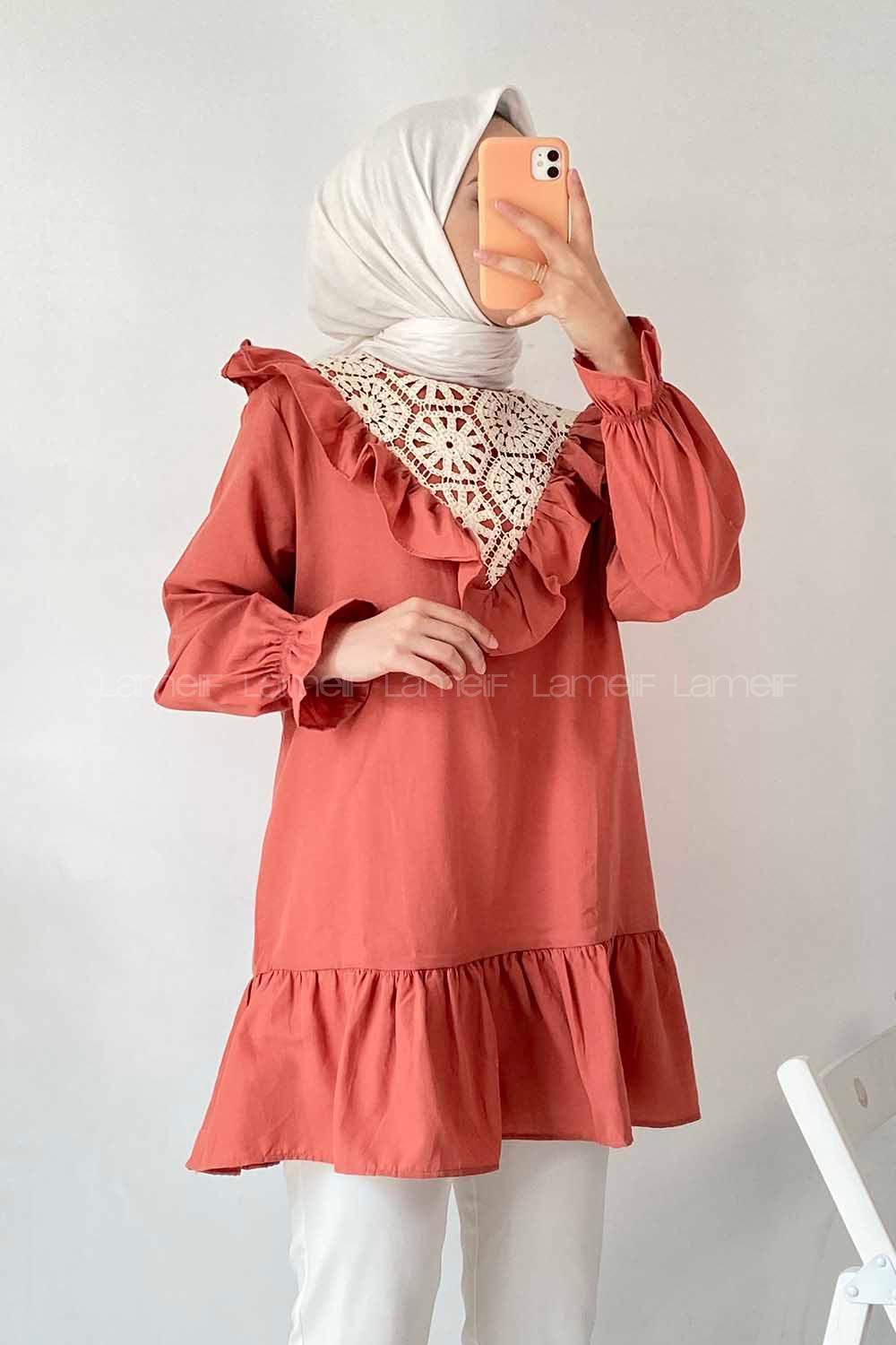 Modalamelif Önü Fırfır Detaylı Dantel Modelli Tunik Gül