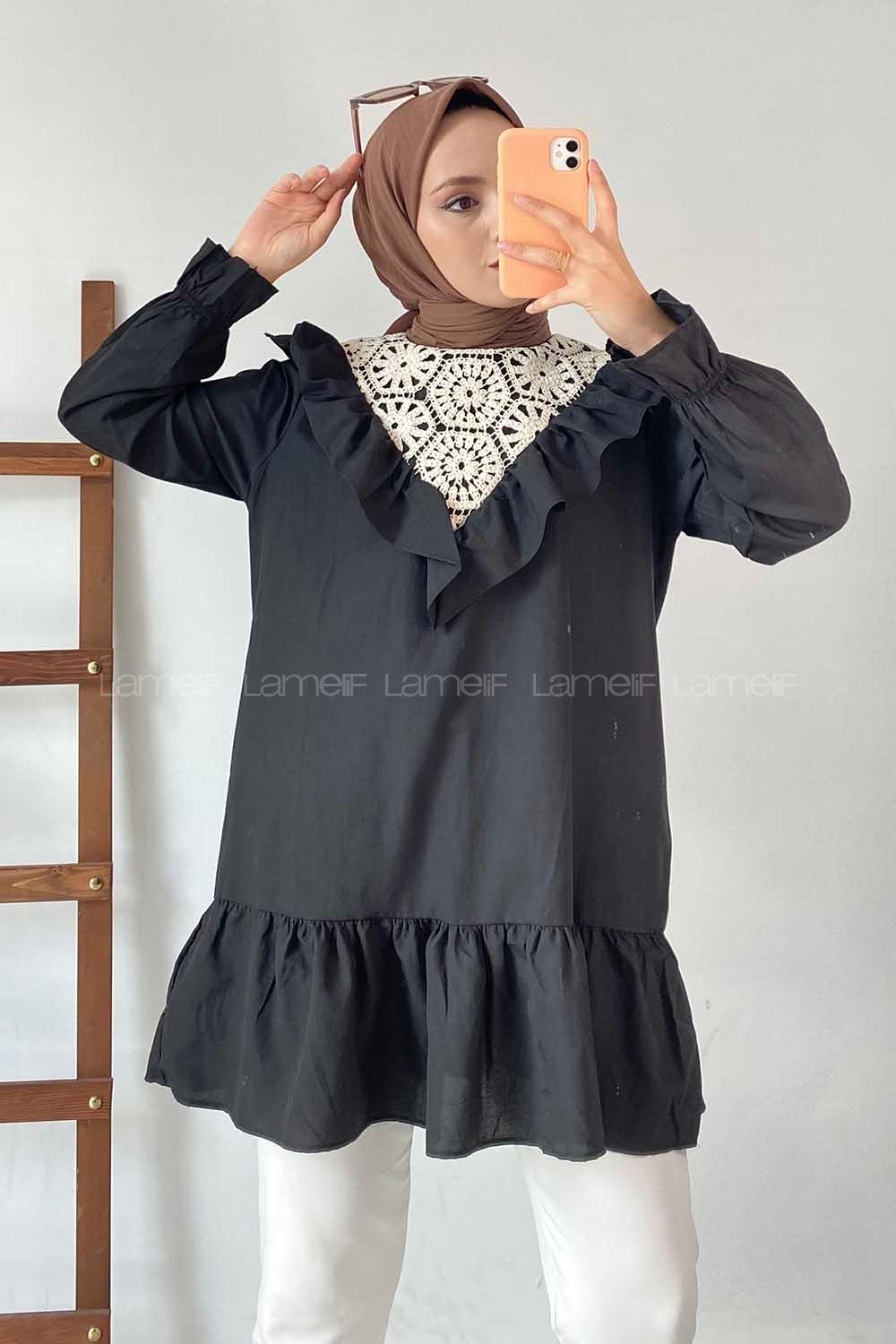 Modalamelif Önü Fırfır Detaylı Dantel Modelli Tunik Siyah