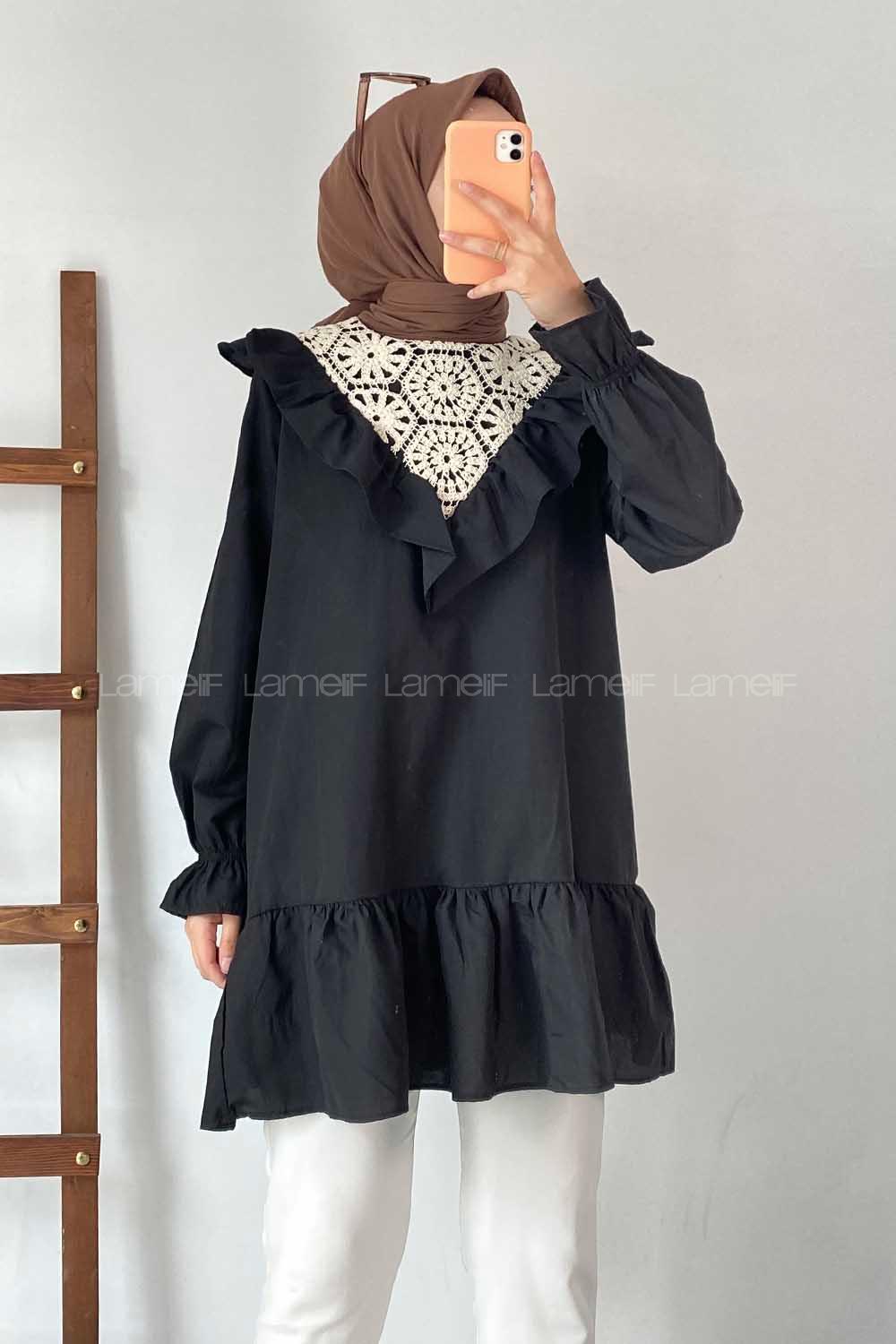 Modalamelif Önü Fırfır Detaylı Dantel Modelli Tunik Siyah
