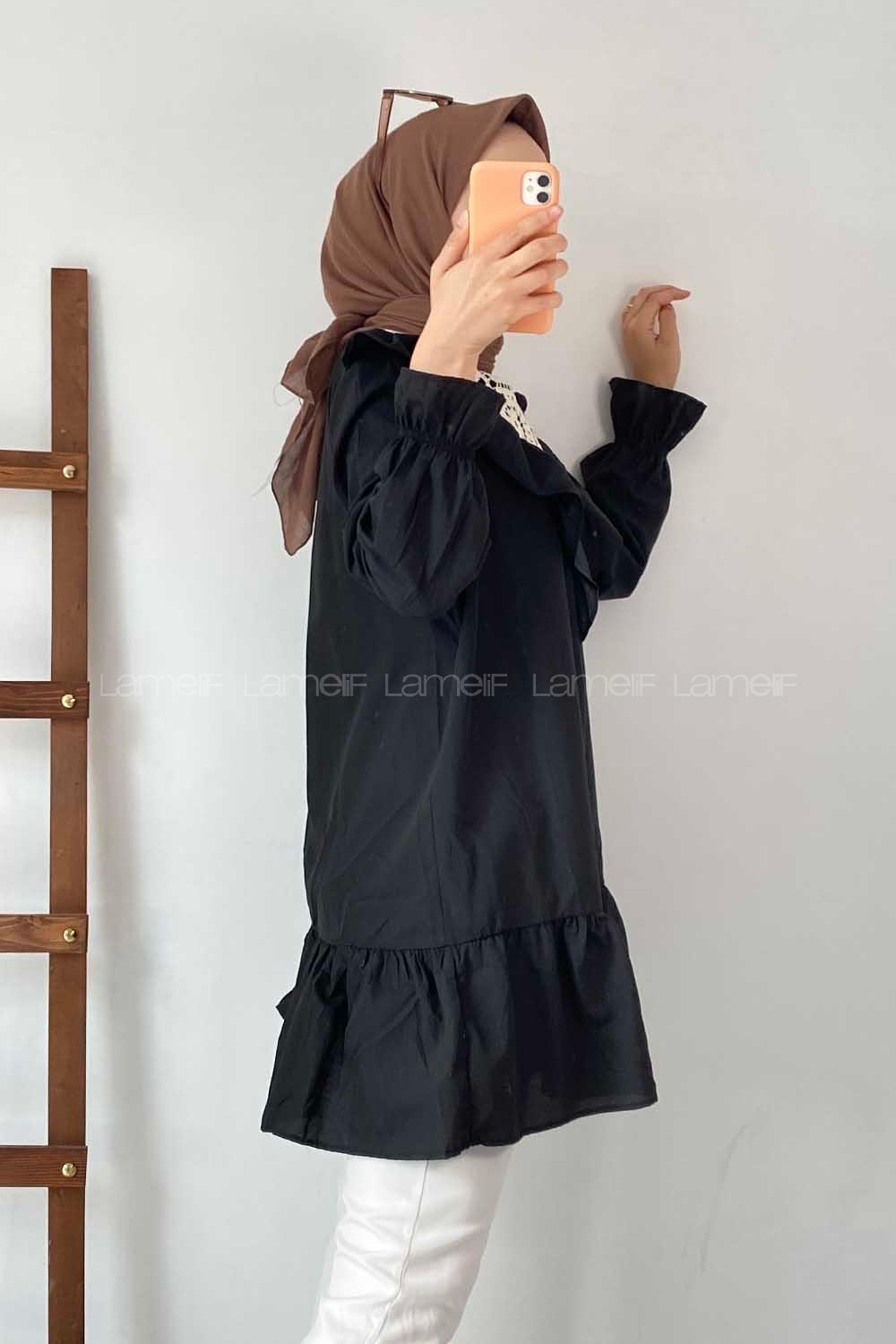 Modalamelif Önü Fırfır Detaylı Dantel Modelli Tunik Siyah