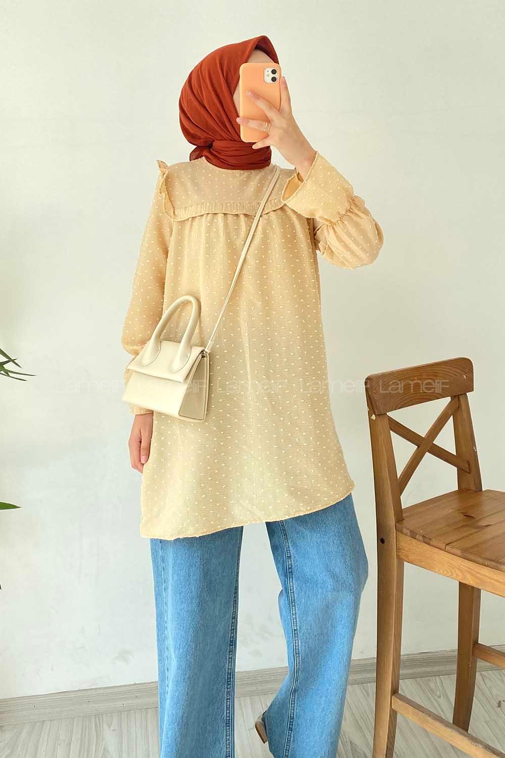 Modalamelif Önü Fırfır Detaylı Puantiyeli Tunik Kum Beji