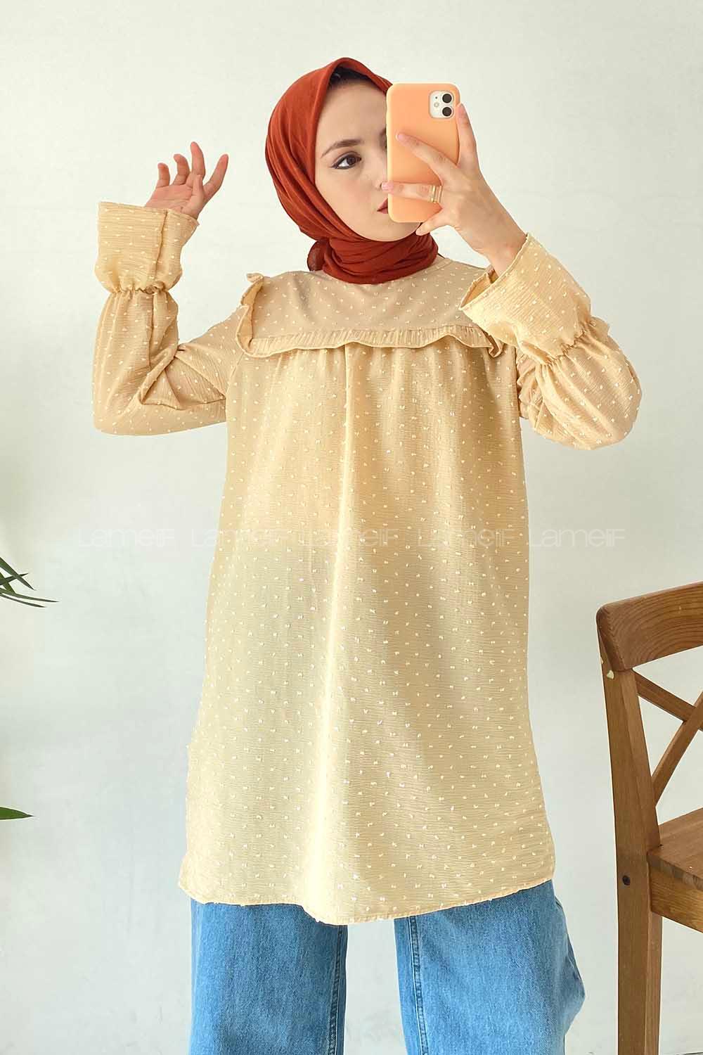 Modalamelif Önü Fırfır Detaylı Puantiyeli Tunik Kum Beji