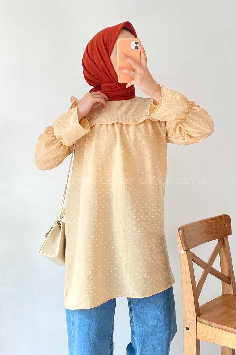 Modalamelif Önü Fırfır Detaylı Puantiyeli Tunik Kum Beji