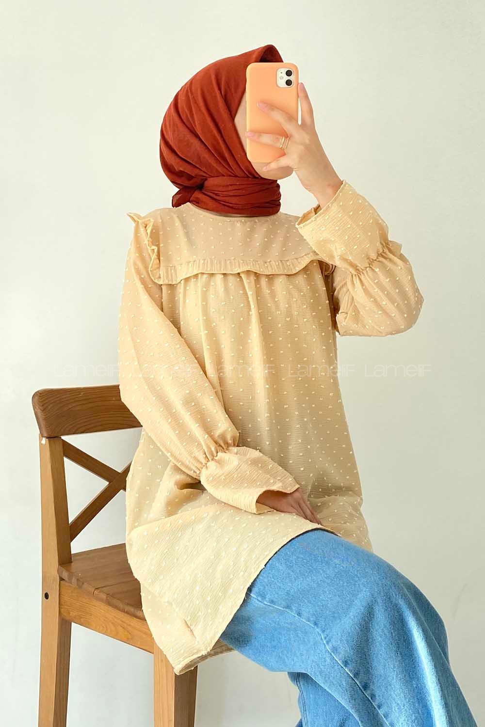 Modalamelif Önü Fırfır Detaylı Puantiyeli Tunik Kum Beji