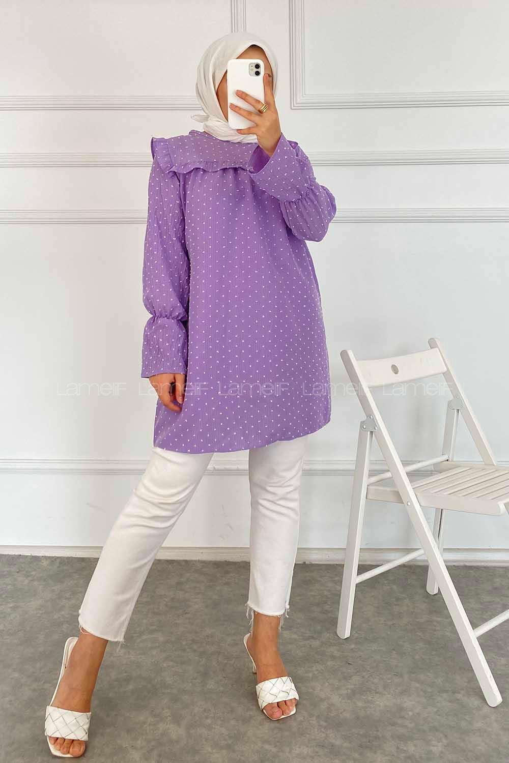 Modalamelif Önü Fırfır Detaylı Puantiyeli Tunik Lila