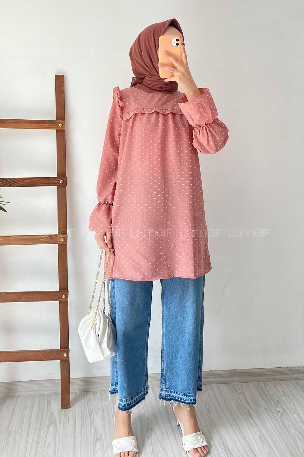 Modalamelif Önü Fırfır Detaylı Puantiyeli Tunik Pudra