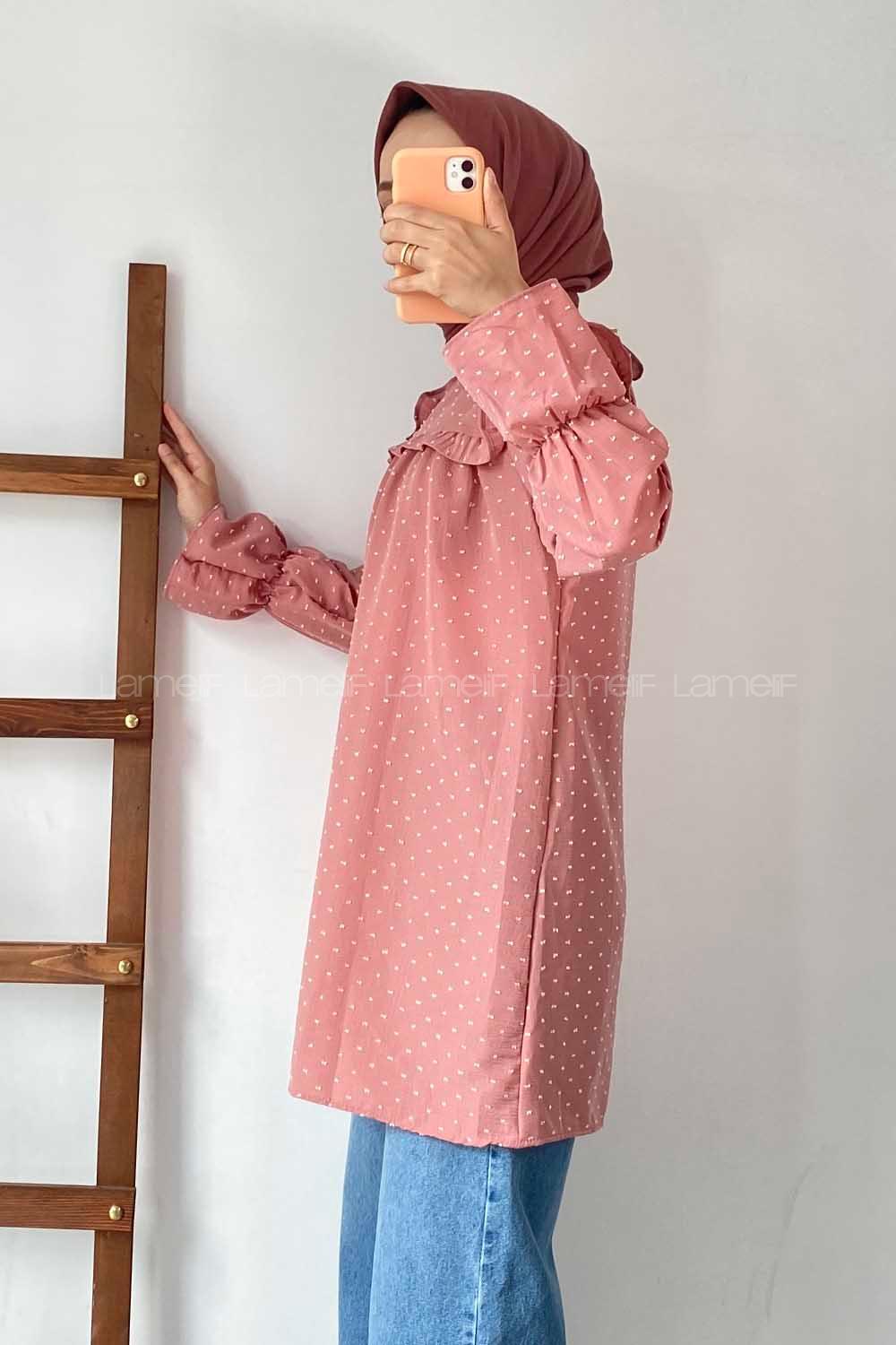 Modalamelif Önü Fırfır Detaylı Puantiyeli Tunik Pudra