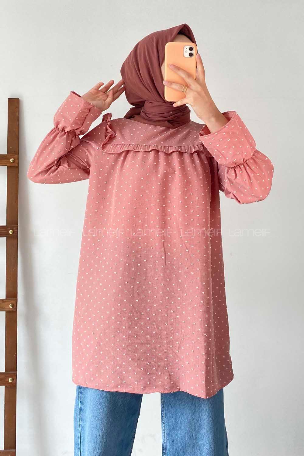 Modalamelif Önü Fırfır Detaylı Puantiyeli Tunik Pudra