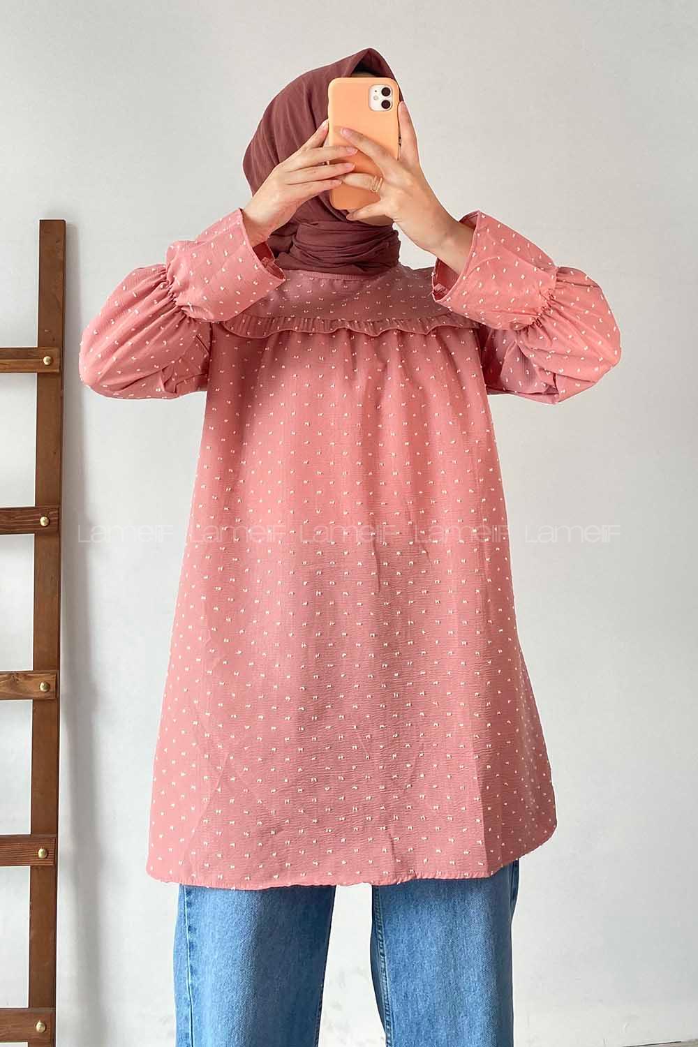 Modalamelif Önü Fırfır Detaylı Puantiyeli Tunik Pudra