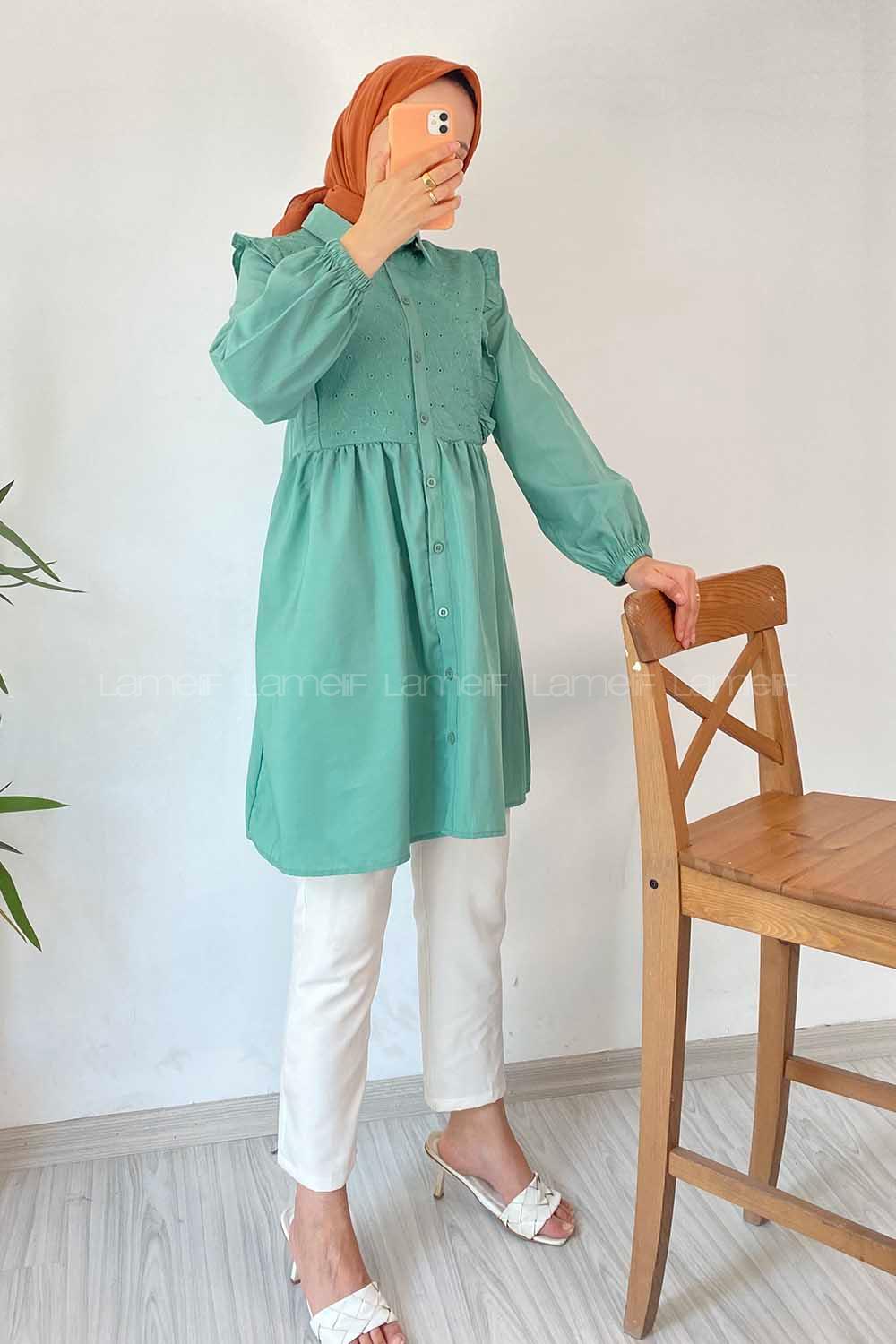 Modalamelif Önü Motif İşlemeli Fırfırlı Boydan Düğmeli Tunik Çağla Yeşili