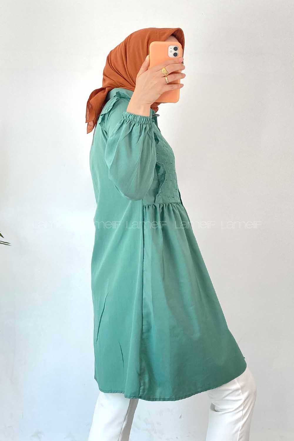 Modalamelif Önü Motif İşlemeli Fırfırlı Boydan Düğmeli Tunik Çağla Yeşili