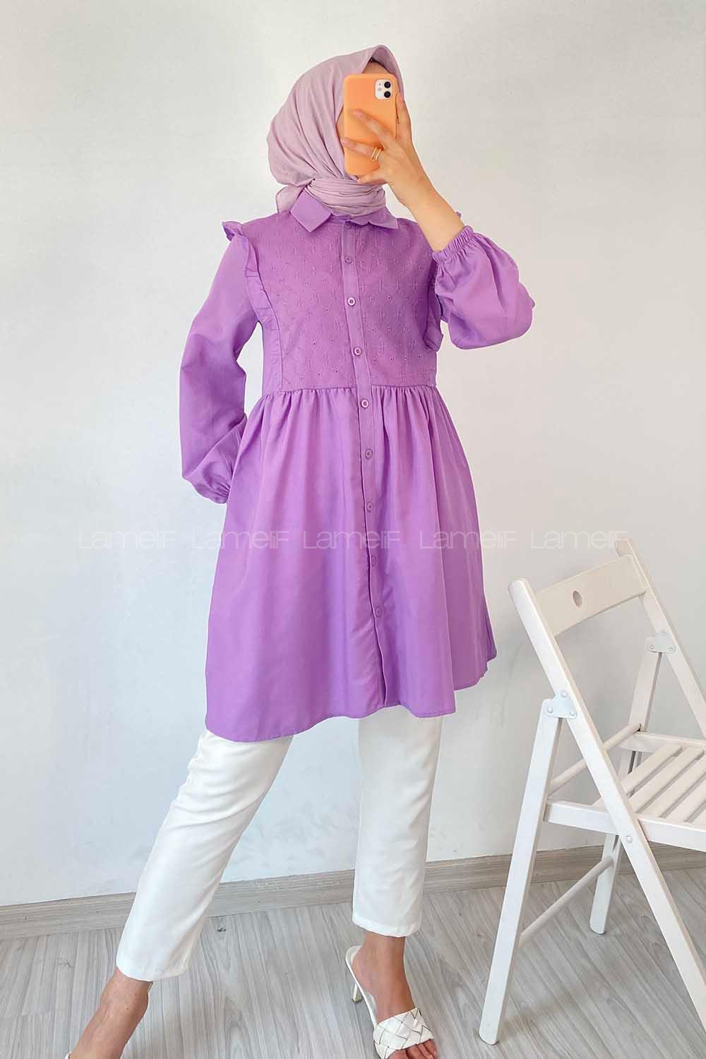 Modalamelif Önü Motif İşlemeli Fırfırlı Boydan Düğmeli Tunik Eflatun